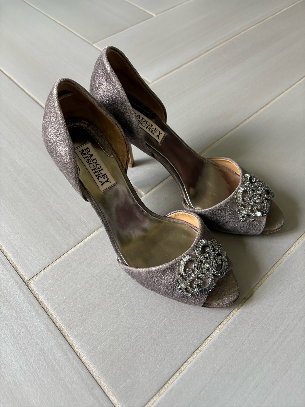 Badgley Mischka Pewter Glitter Open-Toe D'Orsay Heels with Crystal Brooch
